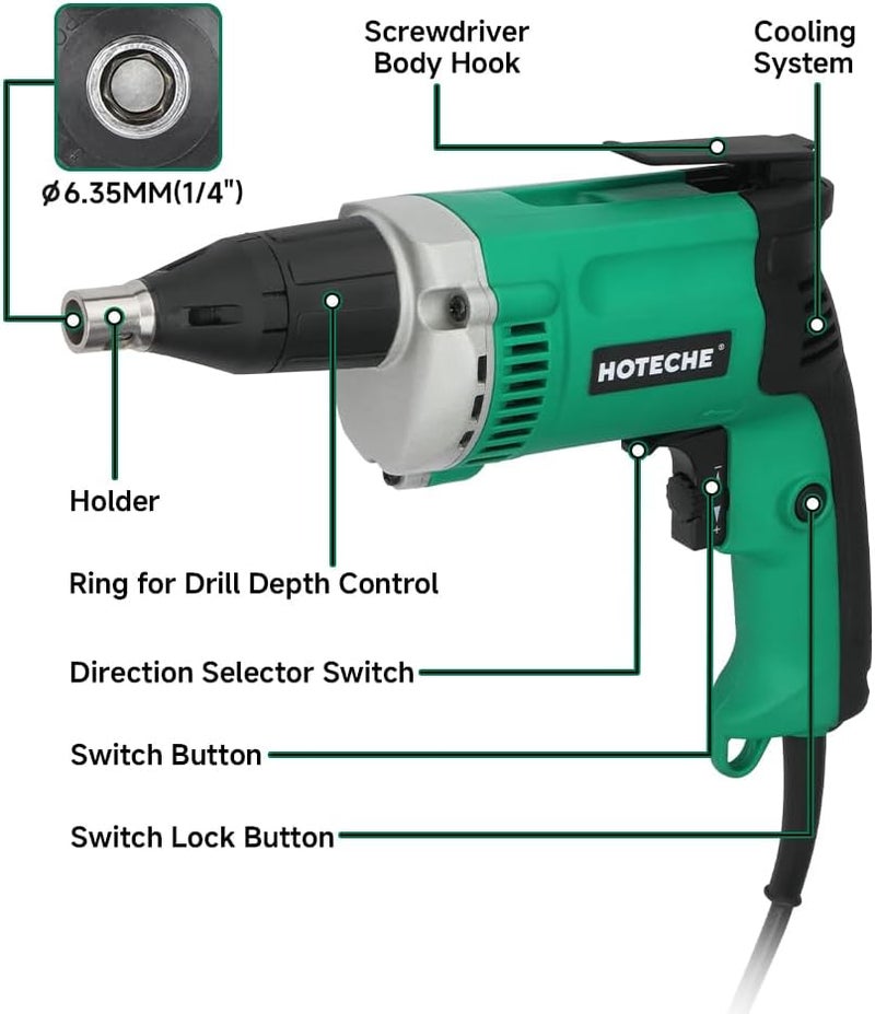 HOTECHE 5-Amp Dry Wall Screw Driver, Electric Screwdriver with Variable Speed 0-4500 RPM, 1/4" Chuck, Forward & Reverse Switch with 6pcs Cr-V Bits - Image 2